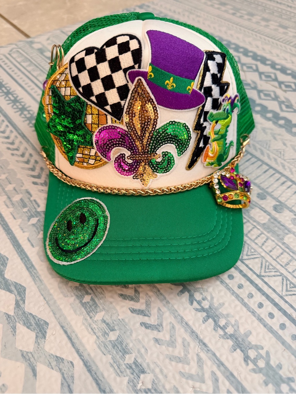Embellished Green Mardi Gras Trucker Hat with Fleur-de-Lis